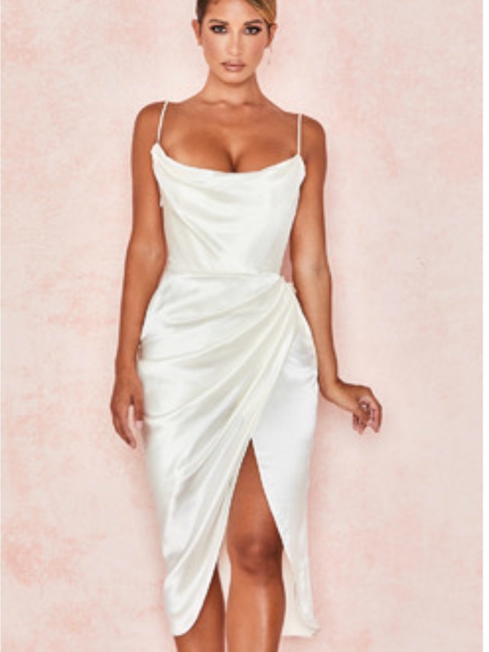 House of CB Elegant White Satin Cowl Neck Midi Dress